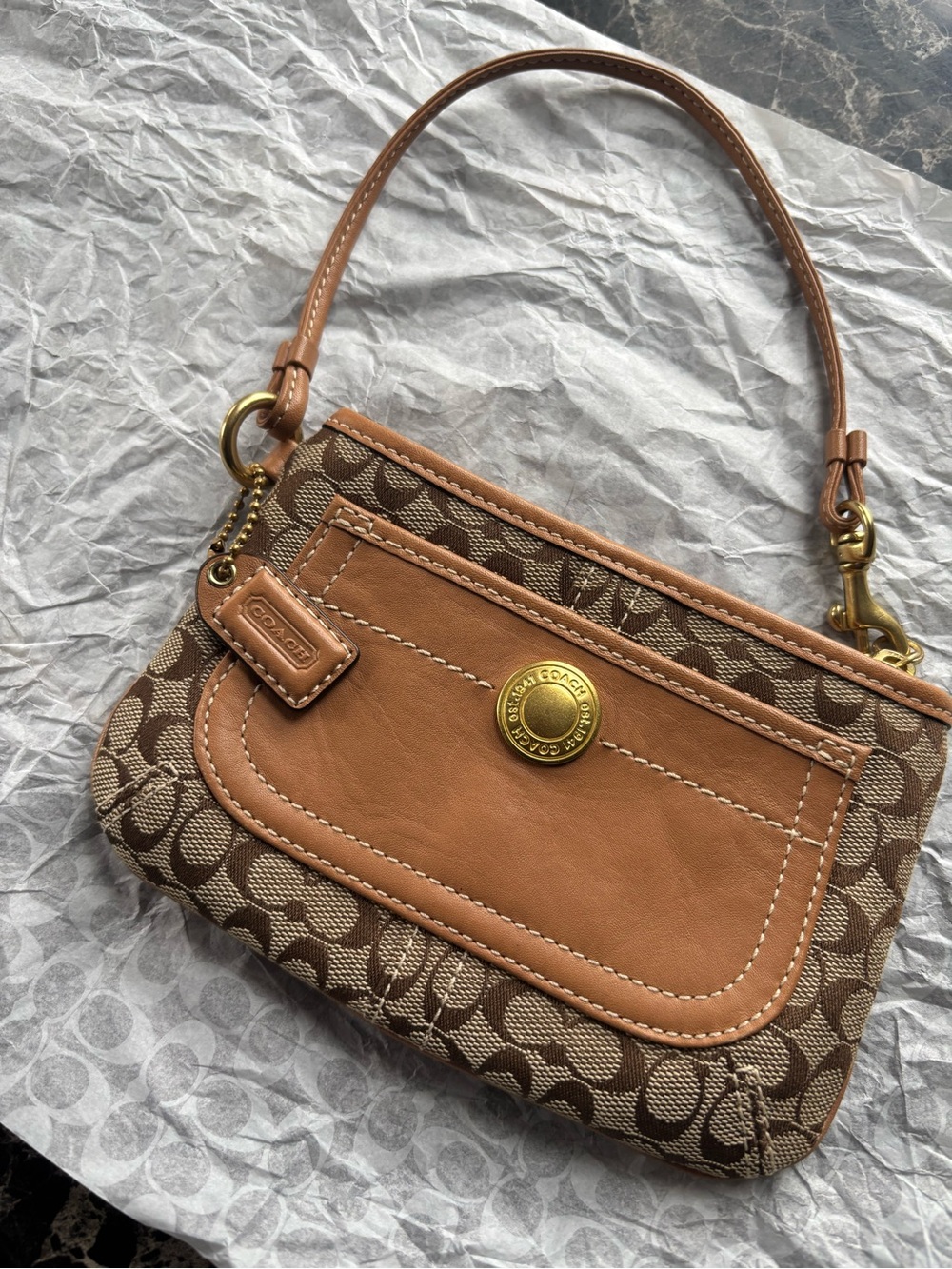 Coach Tan Leather & Brown Signature Canvas Mini Wristlet